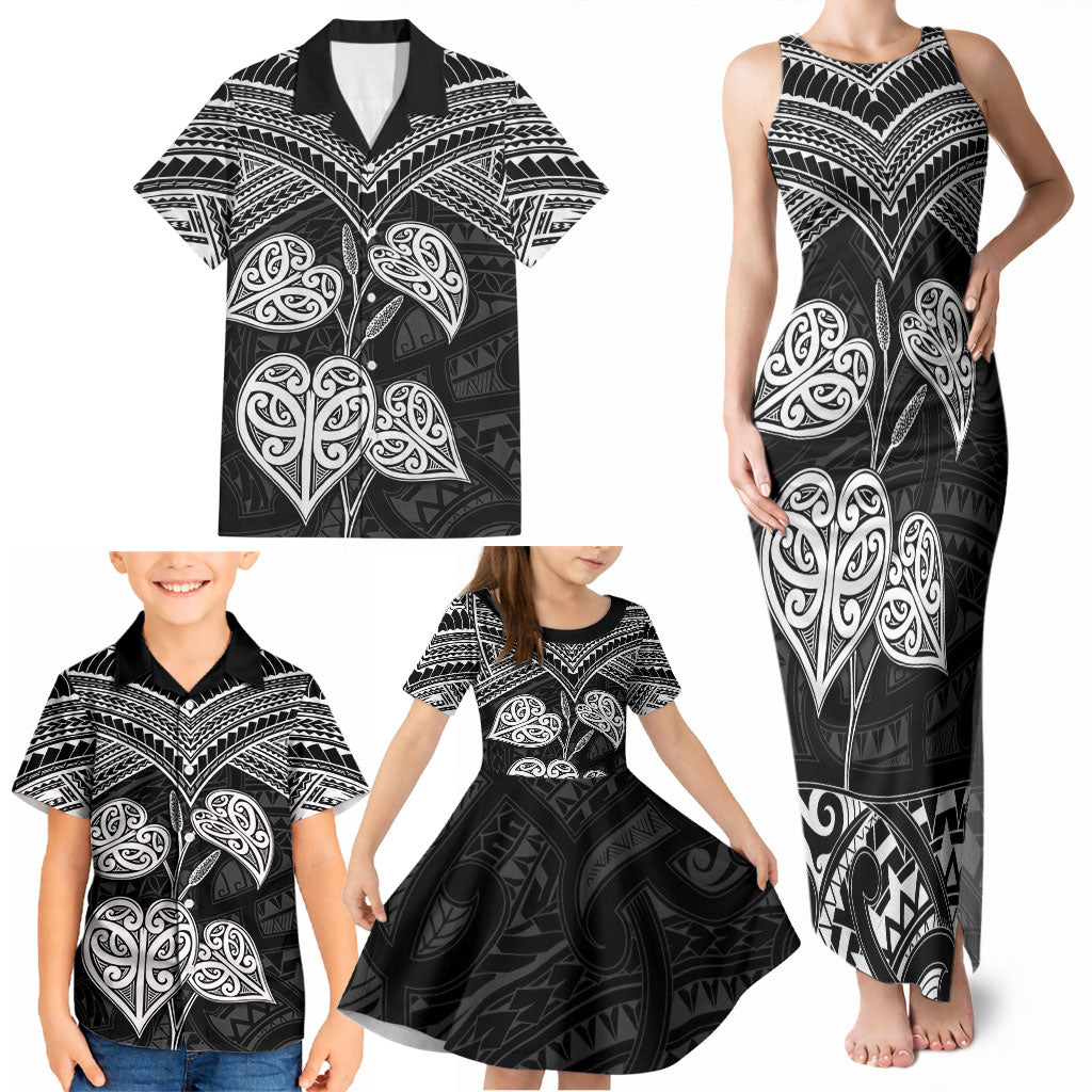 Black New Zealand Kawakawa Maori Ngaru Family Matching Tank Maxi Dress and Hawaiian Shirt