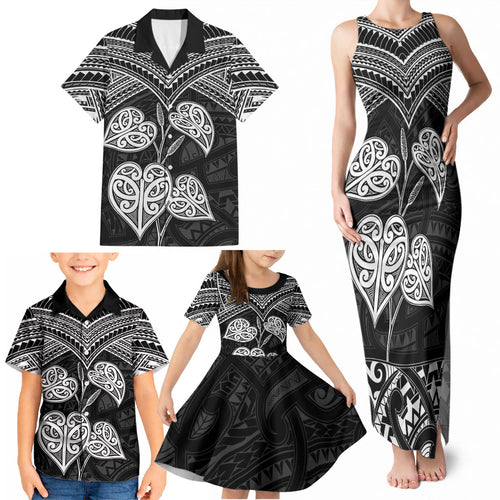 Black New Zealand Kawakawa Maori Ngaru Family Matching Tank Maxi Dress and Hawaiian Shirt