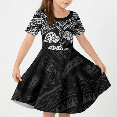Black New Zealand Kawakawa Maori Ngaru Kid Short Sleeve Dress
