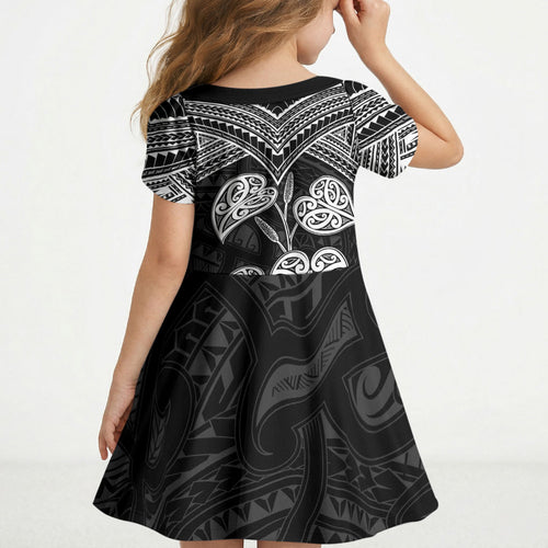 Black New Zealand Kawakawa Maori Ngaru Kid Short Sleeve Dress