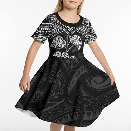 Black New Zealand Kawakawa Maori Ngaru Kid Short Sleeve Dress