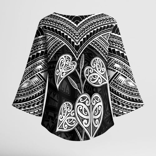 Black New Zealand Kawakawa Maori Ngaru Kimono Sleeve Blouse