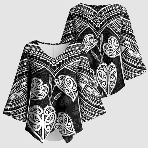 Black New Zealand Kawakawa Maori Ngaru Kimono Sleeve Blouse