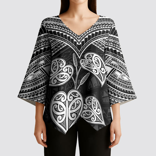 Black New Zealand Kawakawa Maori Ngaru Kimono Sleeve Blouse