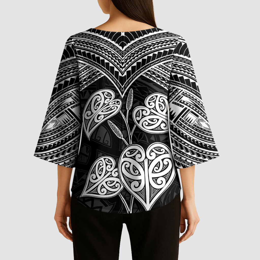 Black New Zealand Kawakawa Maori Ngaru Kimono Sleeve Blouse