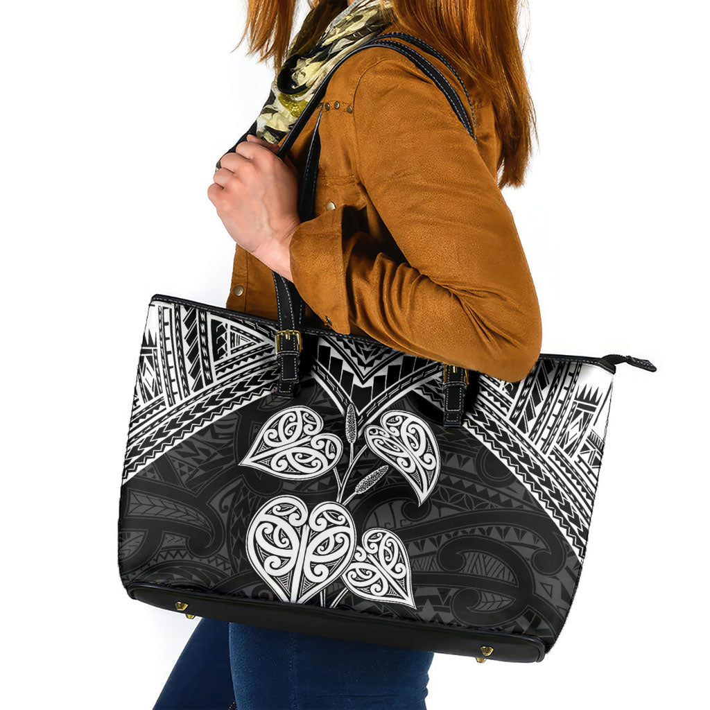Black New Zealand Kawakawa Maori Ngaru Leather Tote Bag