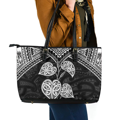 Black New Zealand Kawakawa Maori Ngaru Leather Tote Bag