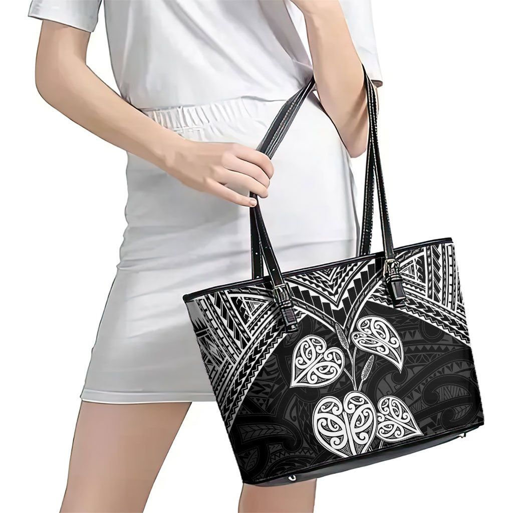 Black New Zealand Kawakawa Maori Ngaru Leather Tote Bag