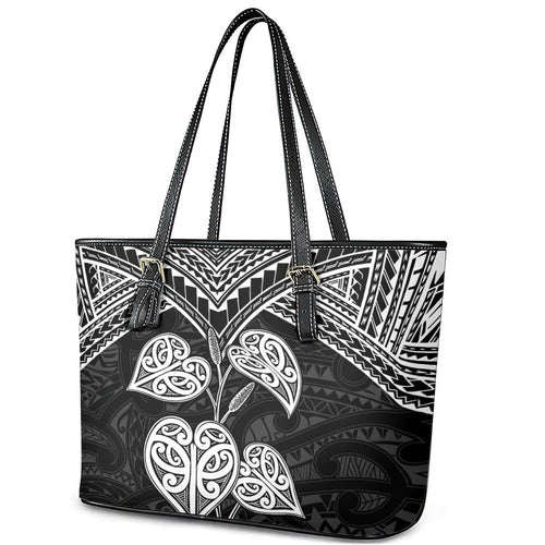 Black New Zealand Kawakawa Maori Ngaru Leather Tote Bag