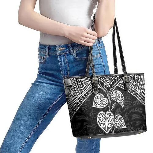 Black New Zealand Kawakawa Maori Ngaru Leather Tote Bag