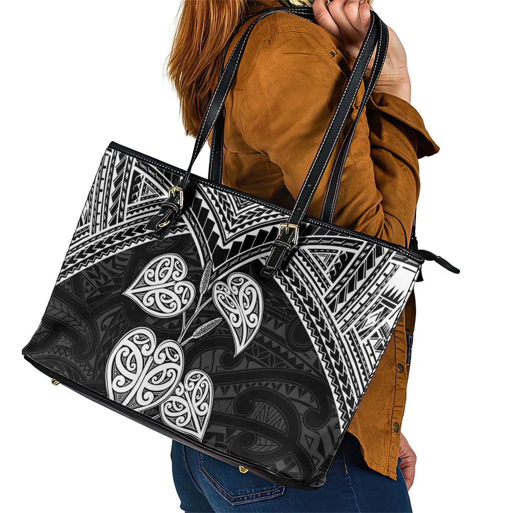 Black New Zealand Kawakawa Maori Ngaru Leather Tote Bag