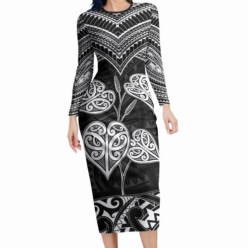 Black New Zealand Kawakawa Maori Ngaru Long Sleeve Bodycon Dress