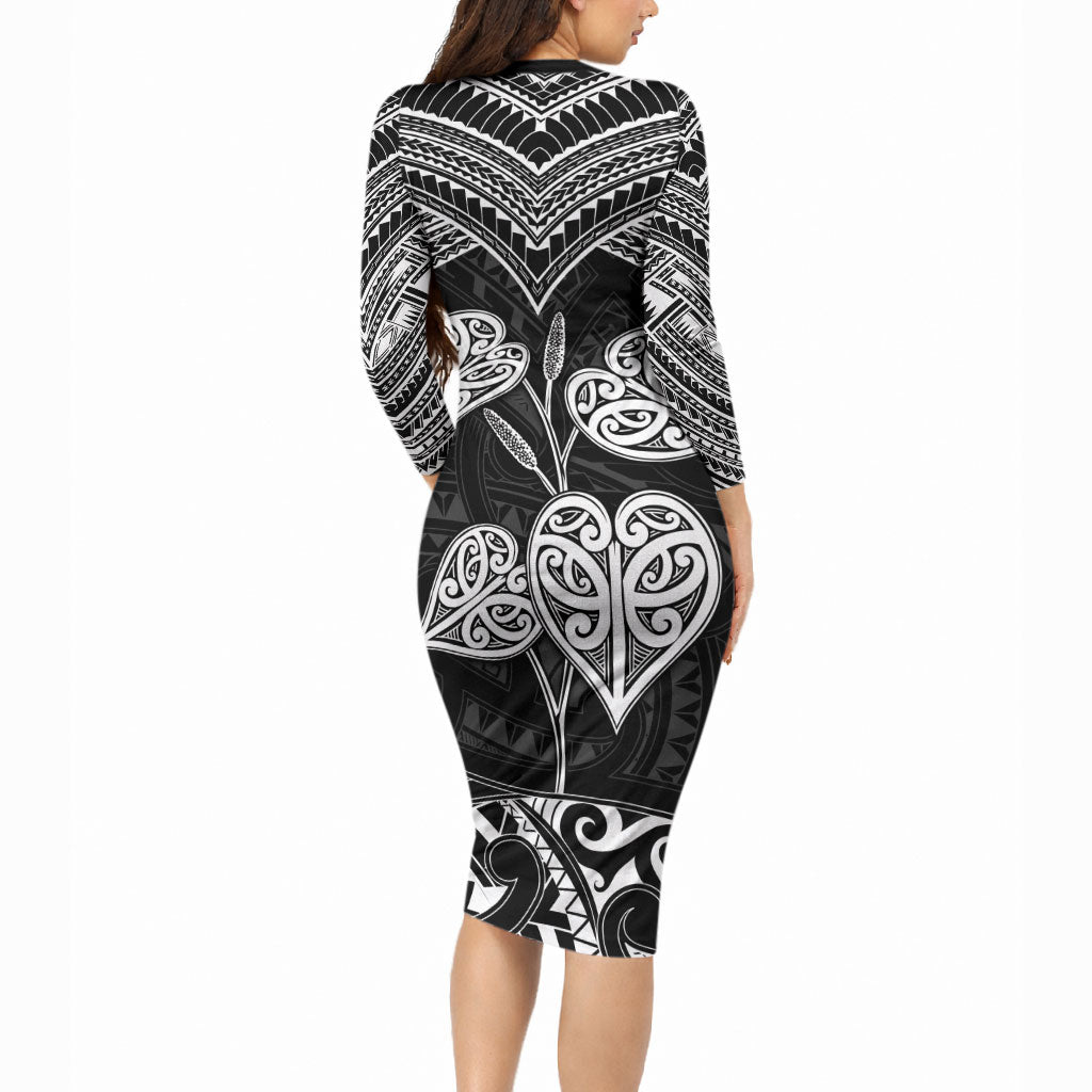 Black New Zealand Kawakawa Maori Ngaru Long Sleeve Bodycon Dress