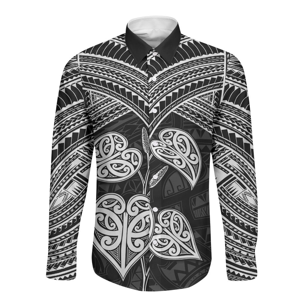 Black New Zealand Kawakawa Maori Ngaru Long Sleeve Button Shirt