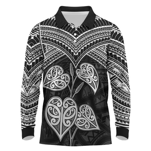 Black New Zealand Kawakawa Maori Ngaru Long Sleeve Polo Shirt