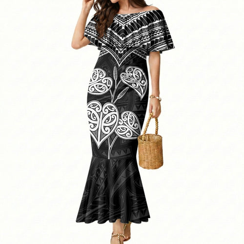 Black New Zealand Kawakawa Maori Ngaru Mermaid Dress