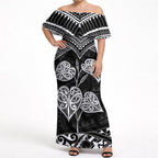 Black New Zealand Kawakawa Maori Ngaru Off Shoulder Maxi Dress