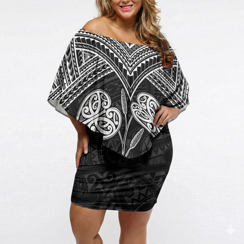 Black New Zealand Kawakawa Maori Ngaru Off Shoulder Short Dress