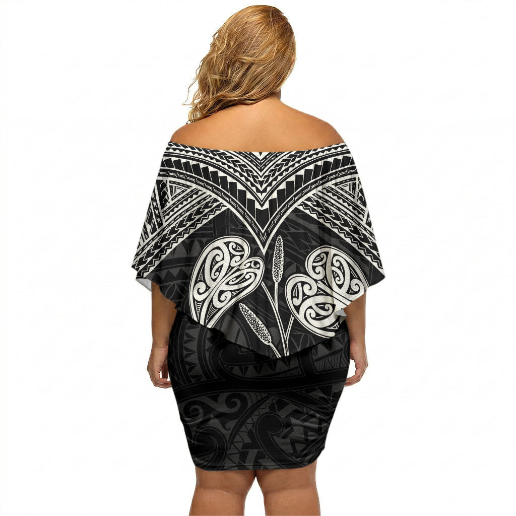 Black New Zealand Kawakawa Maori Ngaru Off Shoulder Short Dress