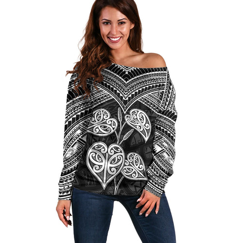 Black New Zealand Kawakawa Maori Ngaru Off Shoulder Sweater