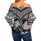 Black New Zealand Kawakawa Maori Ngaru Off Shoulder Wrap Waist Top