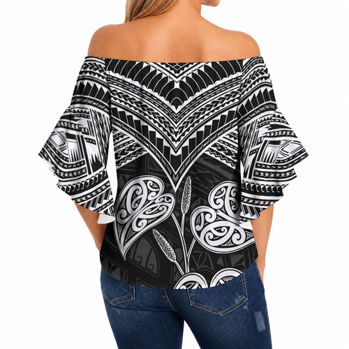 Black New Zealand Kawakawa Maori Ngaru Off Shoulder Wrap Waist Top