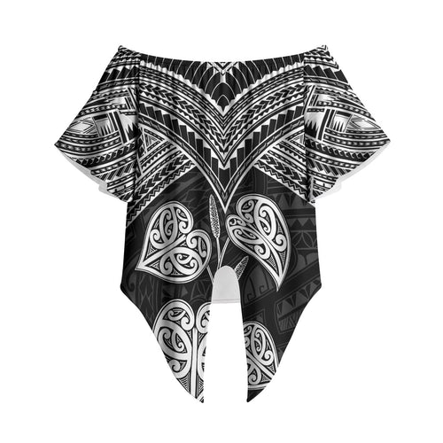 Black New Zealand Kawakawa Maori Ngaru Off Shoulder Wrap Waist Top