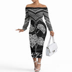 Black New Zealand Kawakawa Maori Ngaru Off The Shoulder Long Sleeve Dress