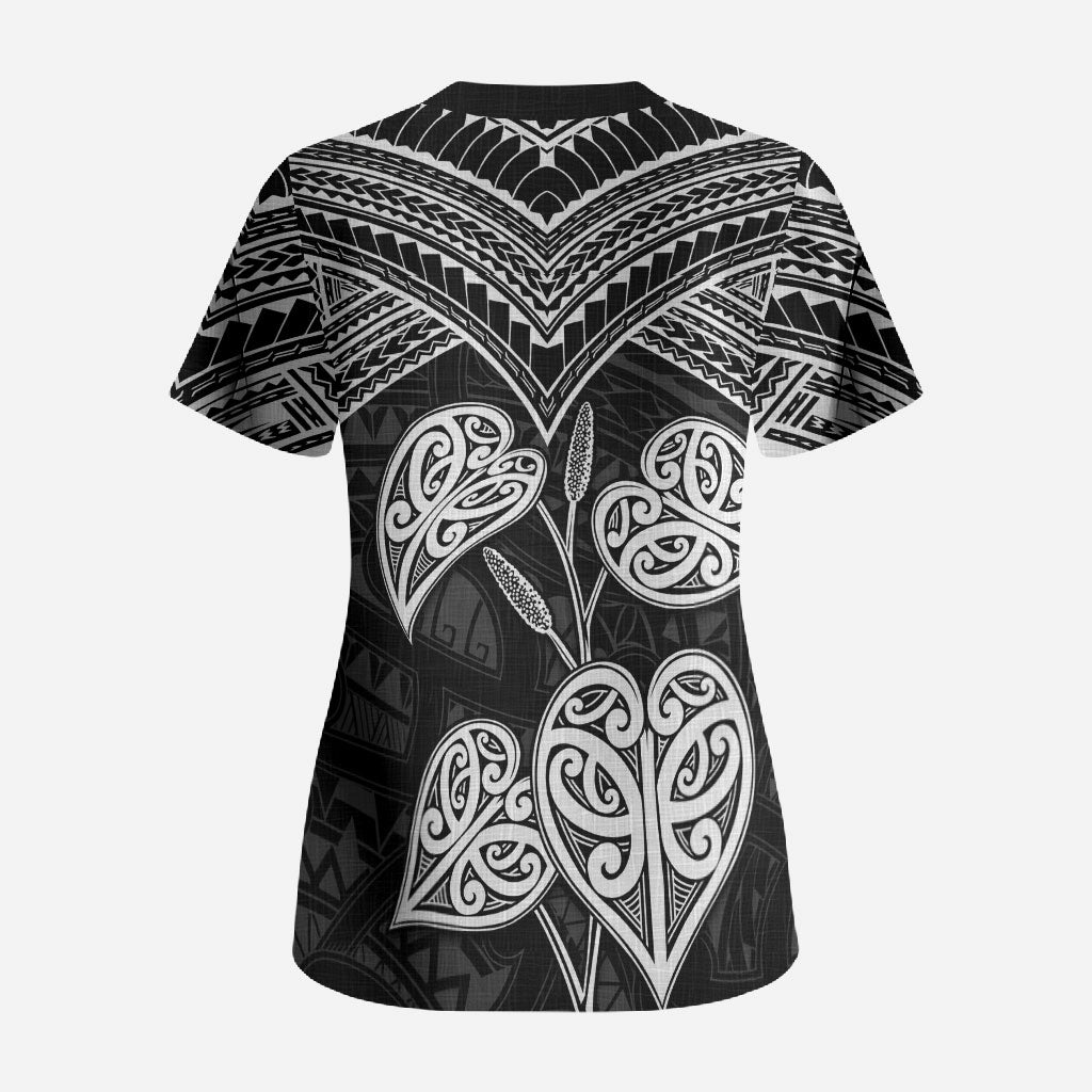 Black New Zealand Kawakawa Maori Ngaru Scrub Top