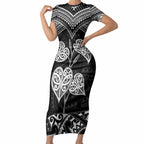 Black New Zealand Kawakawa Maori Ngaru Short Sleeve Bodycon Dress