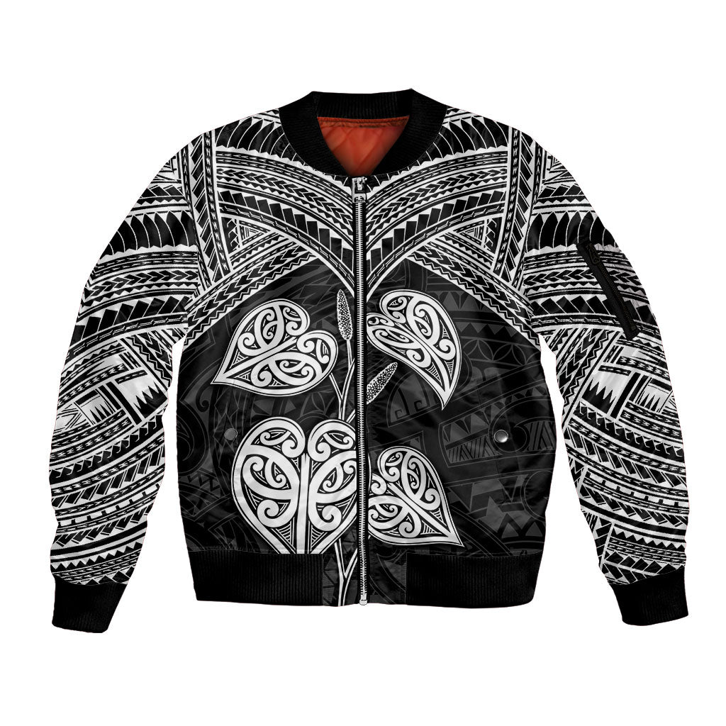 Black New Zealand Kawakawa Maori Ngaru Sleeve Zip Bomber Jacket