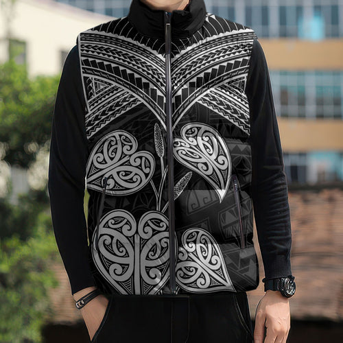 Black New Zealand Kawakawa Maori Ngaru Sleeveless Puffer Jacket