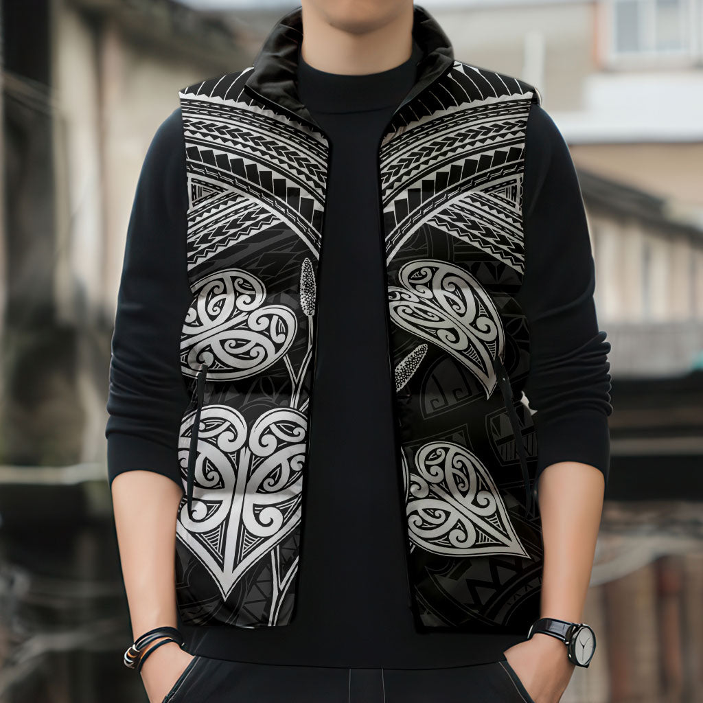 Black New Zealand Kawakawa Maori Ngaru Sleeveless Puffer Jacket