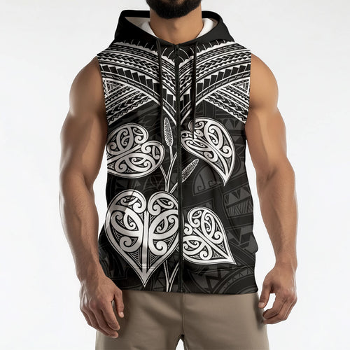 Black New Zealand Kawakawa Maori Ngaru Sleeveless Zip Hoodie