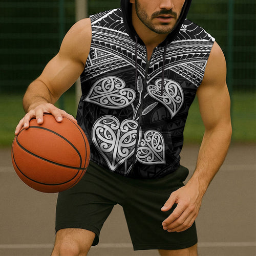 Black New Zealand Kawakawa Maori Ngaru Sleeveless Zip Hoodie