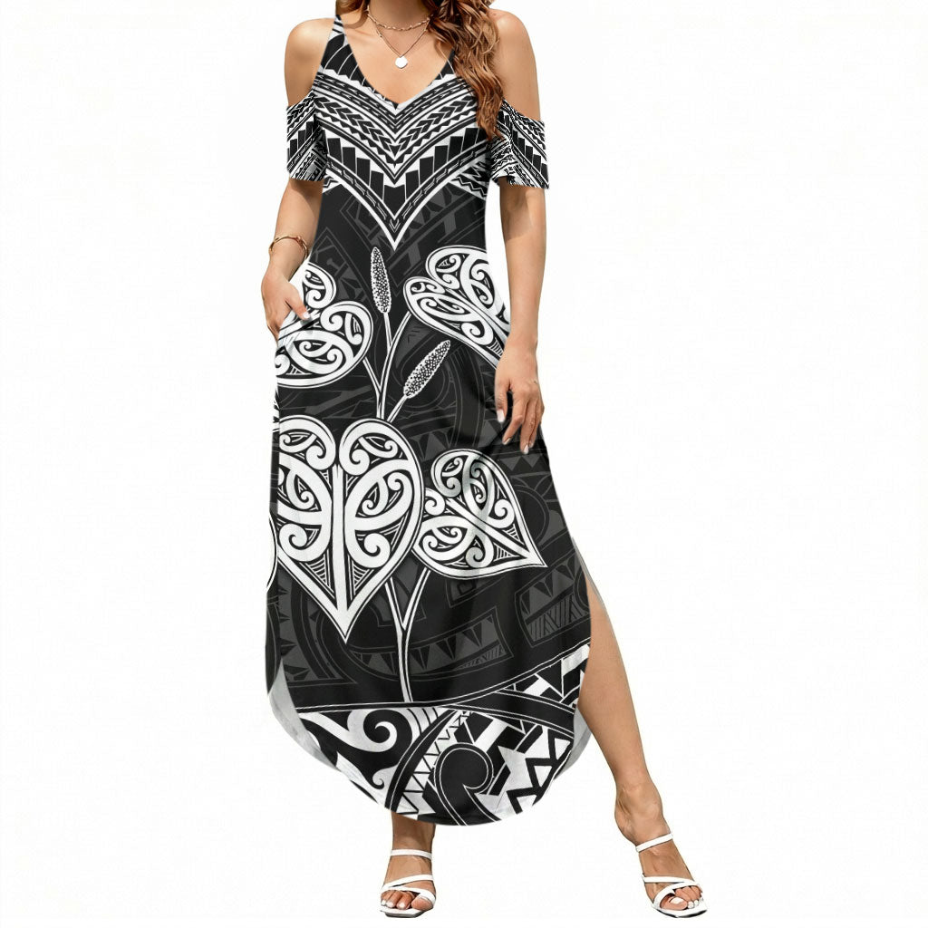 Black New Zealand Kawakawa Maori Ngaru Summer Maxi Dress