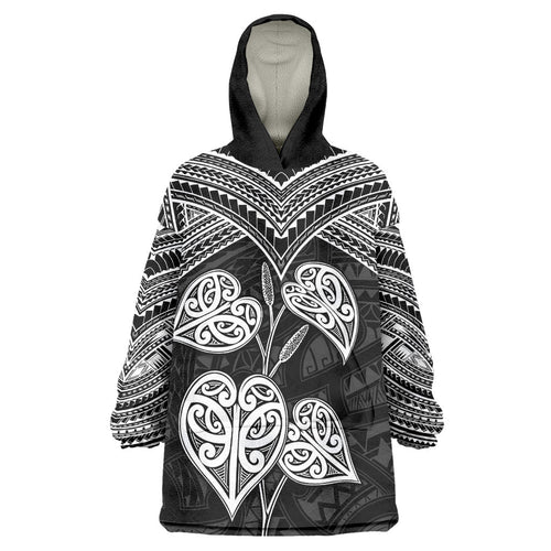 Black New Zealand Kawakawa Maori Ngaru Wearable Blanket Hoodie