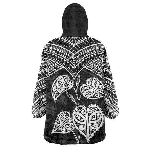 Black New Zealand Kawakawa Maori Ngaru Wearable Blanket Hoodie