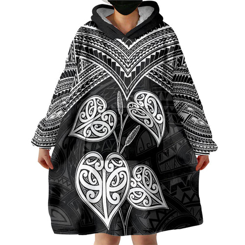 Black New Zealand Kawakawa Maori Ngaru Wearable Blanket Hoodie