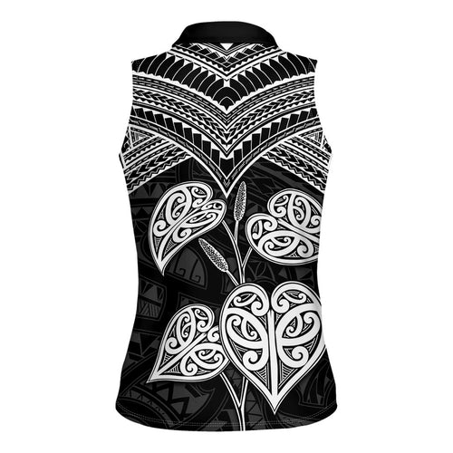 Black New Zealand Kawakawa Maori Ngaru Women Sleeveless Polo Shirt