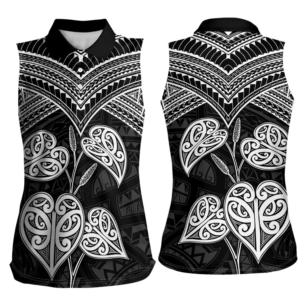 Black New Zealand Kawakawa Maori Ngaru Women Sleeveless Polo Shirt