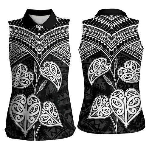 Black New Zealand Kawakawa Maori Ngaru Women Sleeveless Polo Shirt