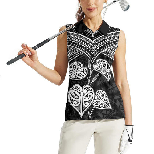 Black New Zealand Kawakawa Maori Ngaru Women Sleeveless Polo Shirt