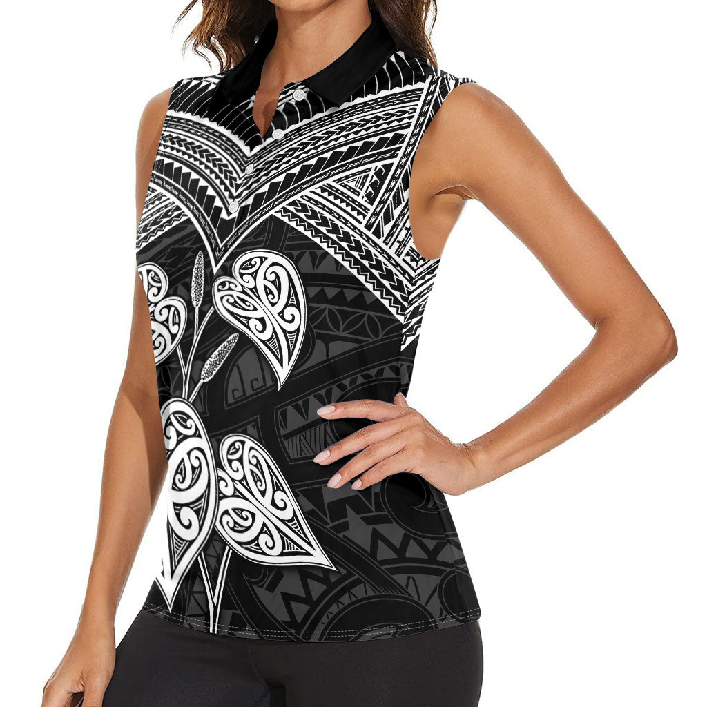 Black New Zealand Kawakawa Maori Ngaru Women Sleeveless Polo Shirt