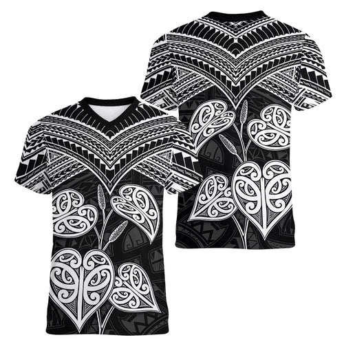 Black New Zealand Kawakawa Maori Ngaru Women V-Neck T-Shirt