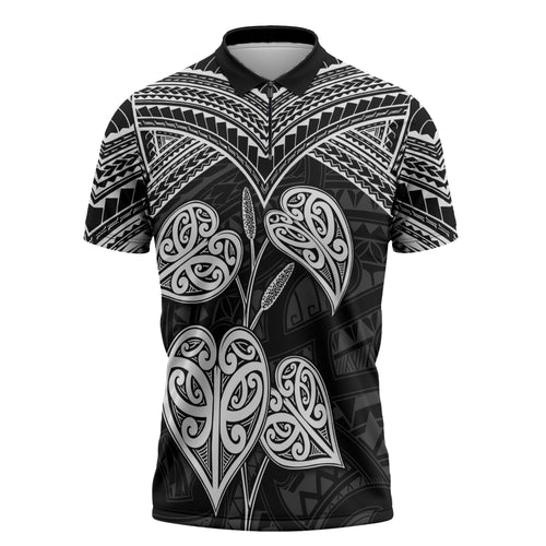 Black New Zealand Kawakawa Maori Ngaru Zipper Polo Shirt
