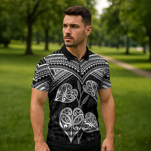 Black New Zealand Kawakawa Maori Ngaru Zipper Polo Shirt