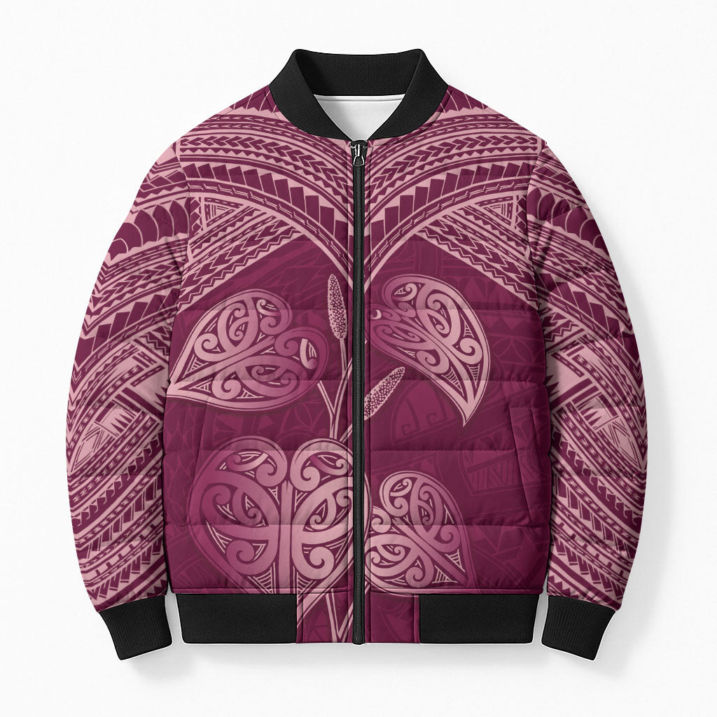 Burgundy New Zealand Kawakawa Maori Ngaru Bomber Puffer Jacket