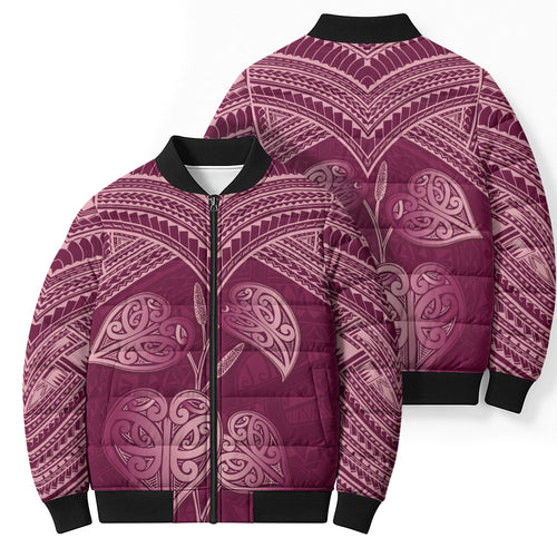 Burgundy New Zealand Kawakawa Maori Ngaru Bomber Puffer Jacket