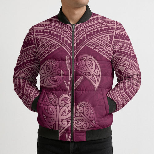 Burgundy New Zealand Kawakawa Maori Ngaru Bomber Puffer Jacket